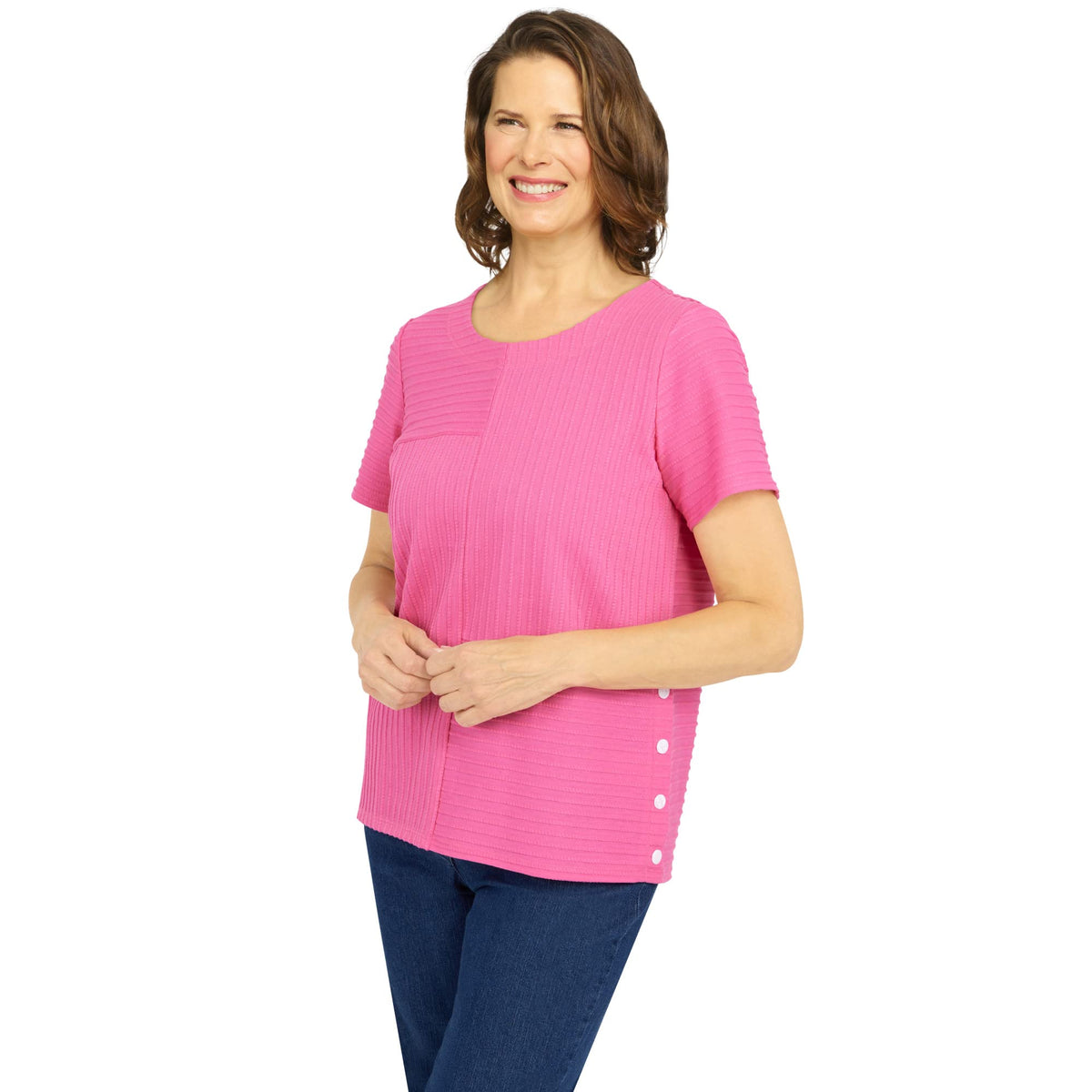 Alfred Dunner Women's Petite Spliced Ottoman Texture Knit Top Size PS Carnation