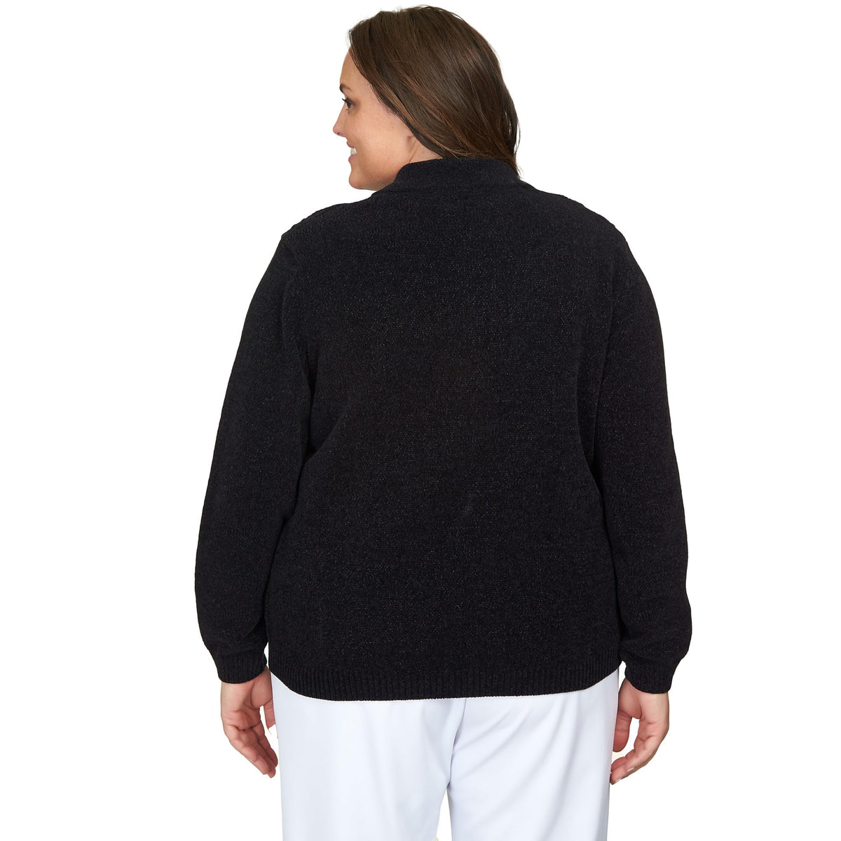 Alfred Dunner Classic Chenille W/Lurix Zippered Cardigan (US, Alpha, 3X, Plus, Regular, Plus Size, Black)