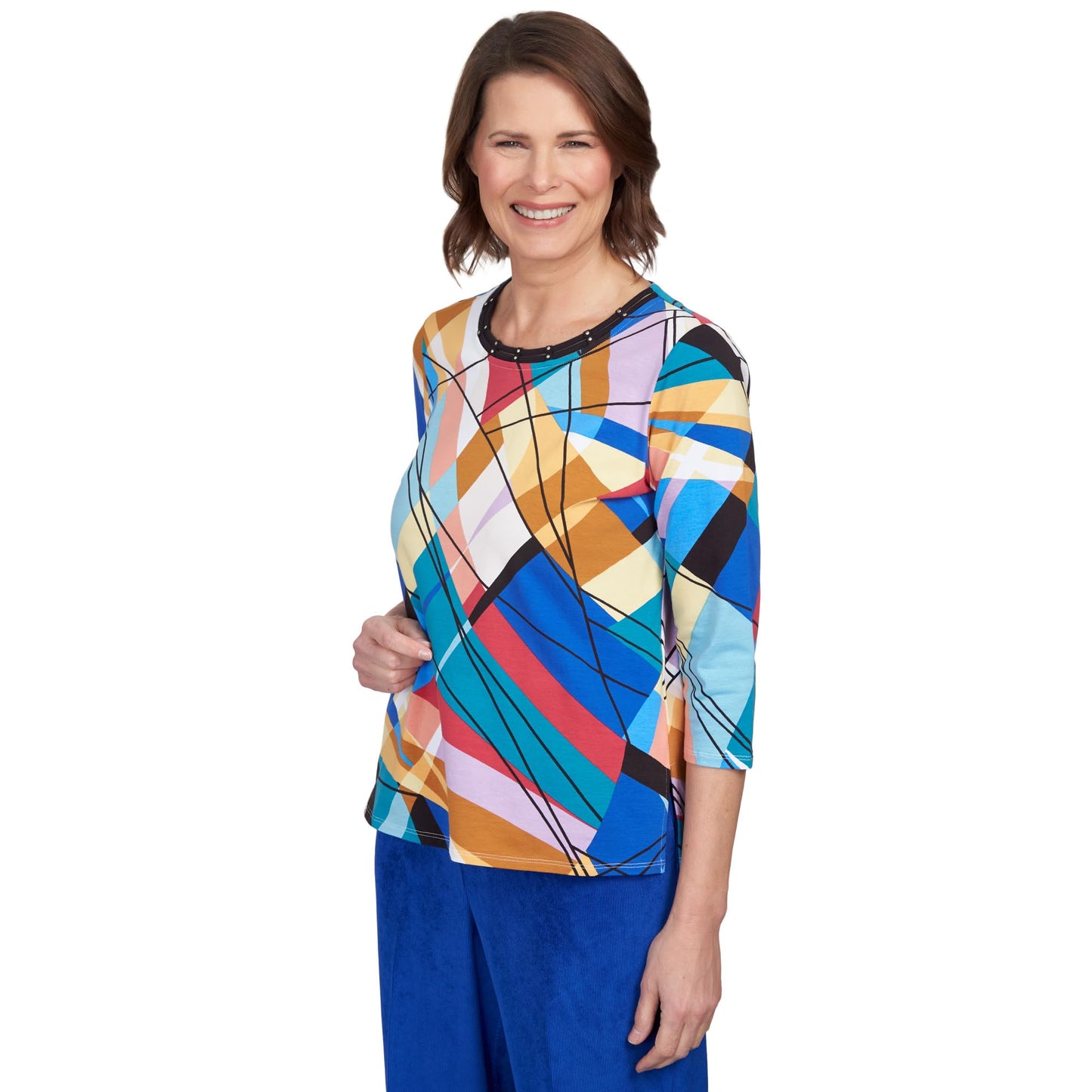 Alfred Dunner Women's Double Strap Crew Neck Abstract Top Size S Bright Multi