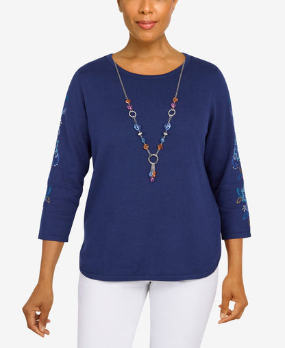 Alfred Dunner Women's Plus-Size Womens Embroidered Sweater with Detachable Necklace