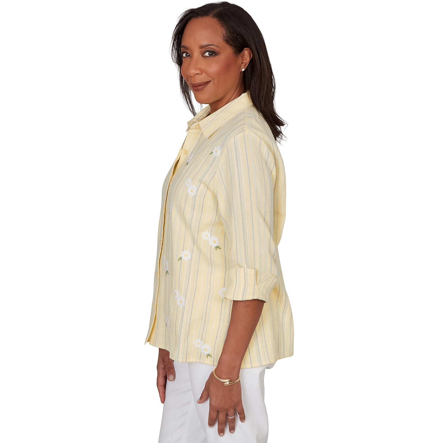 Alfred Dunner Women's Embroidered Daisy Stripes Button Front Top
