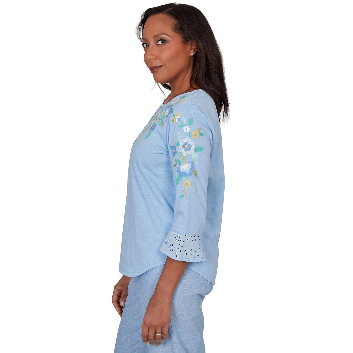 Alfred Dunner Women's Floral Embroidered Split Neck Top