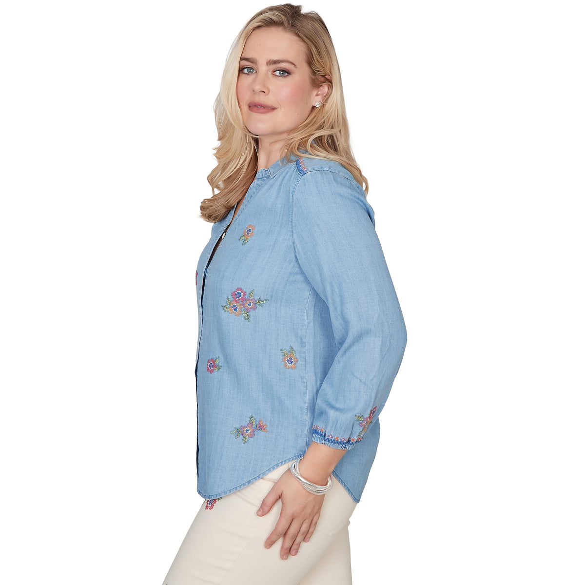 Alfred Dunner Petite Floral Embroidered Button Front Top, Light Blue, PS