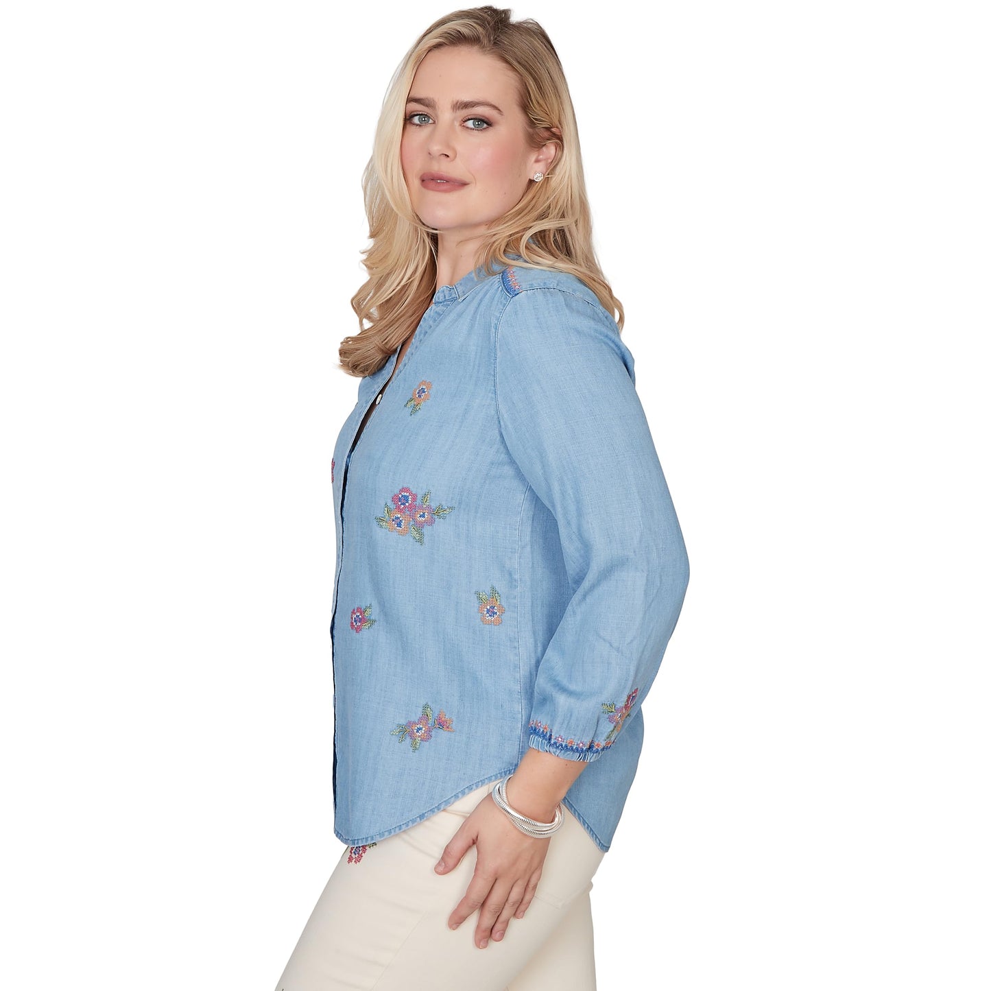 Alfred Dunner Women's Floral Embroidered Button Front Top, Size M, Light Blue