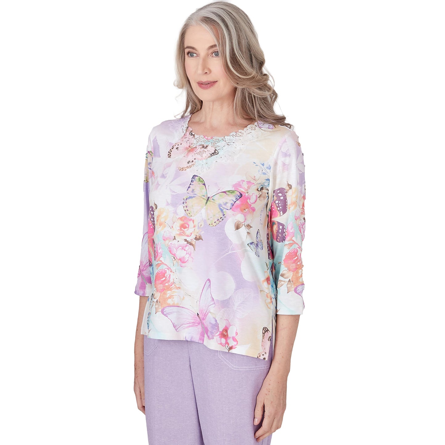 Alfred Dunner Garden Party Butterfly Floral Polyester Top