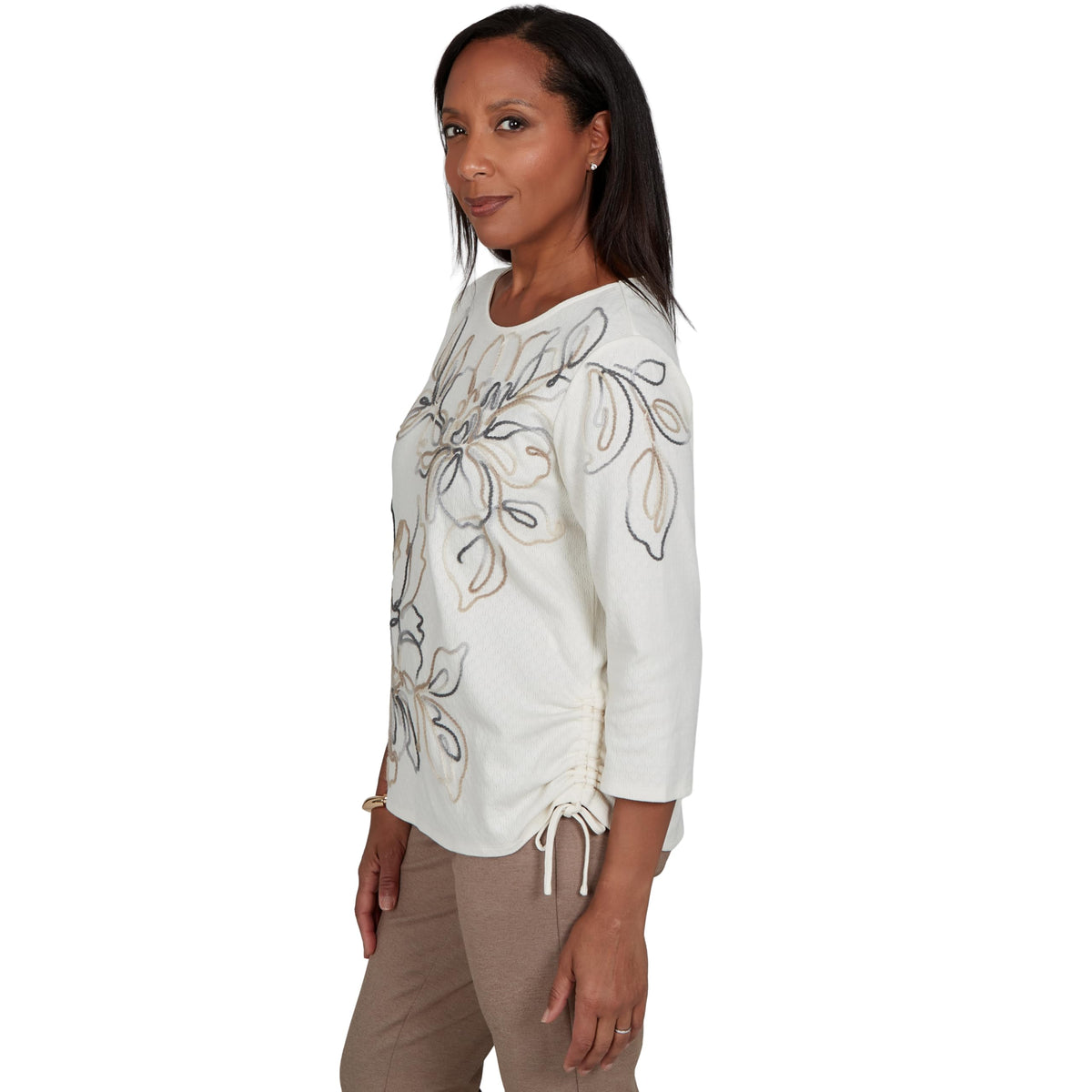 Alfred Dunner Women's Floral Soutache Outline Top, Ivory, S