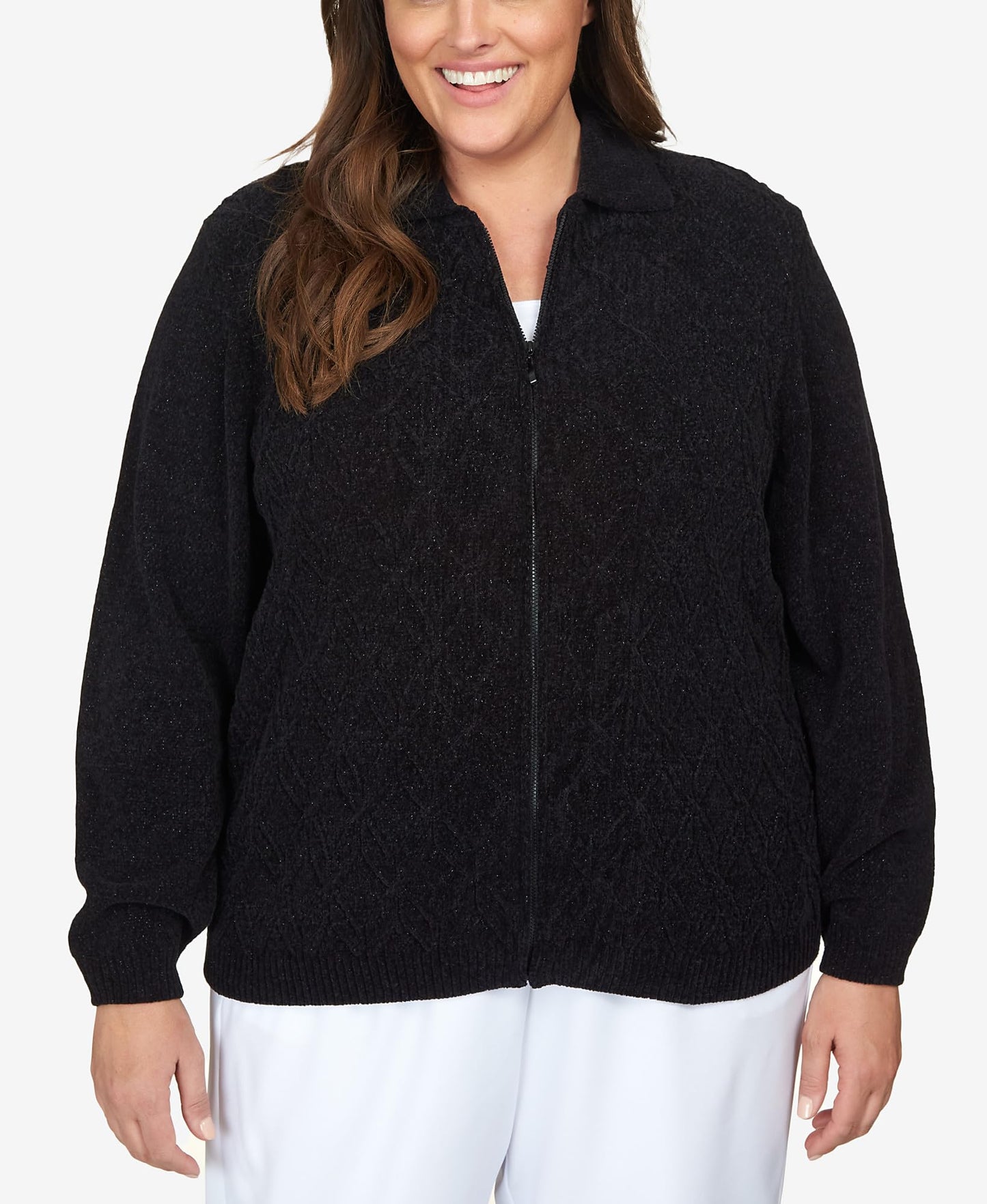 Alfred Dunner Classic Chenille W/Lurix Zippered Cardigan