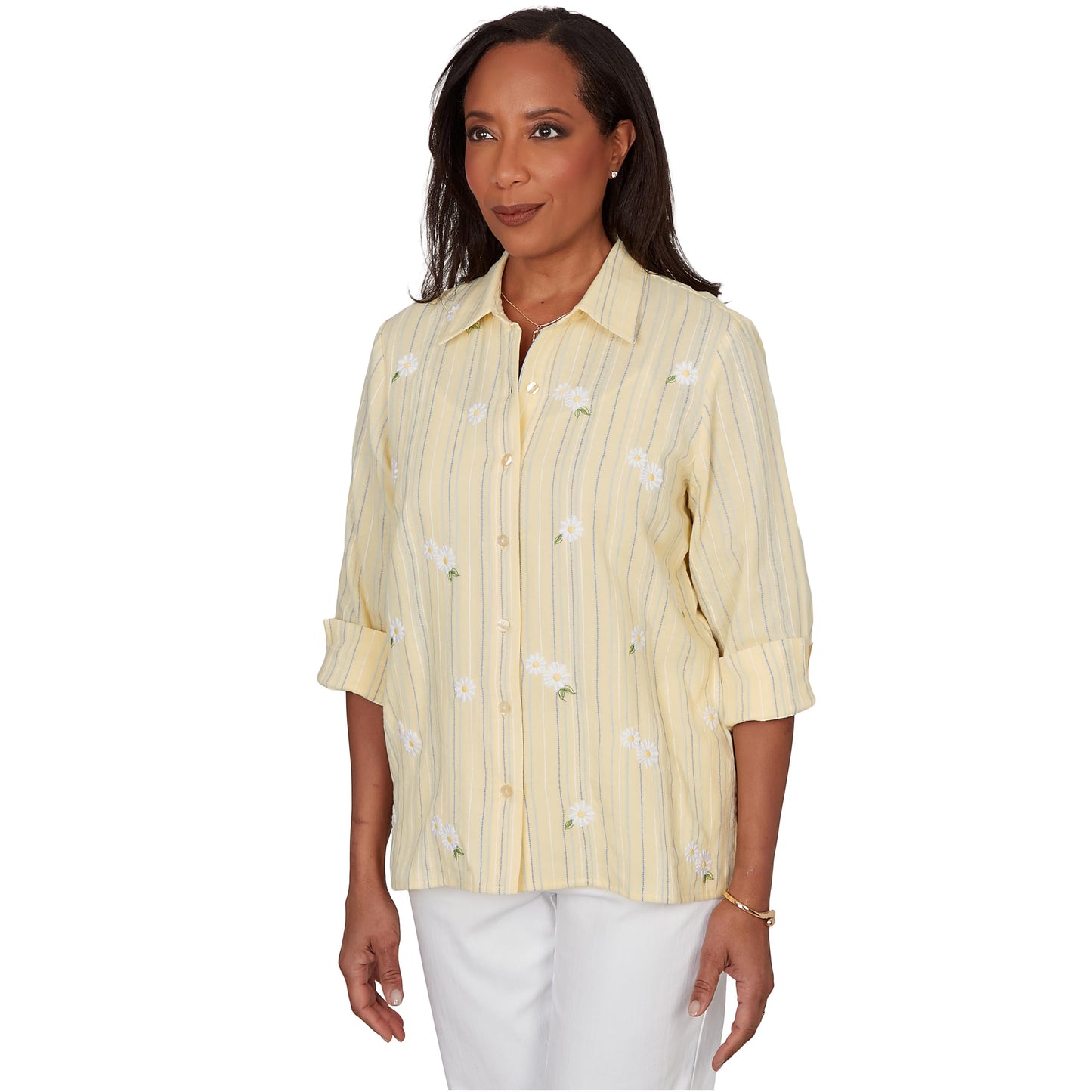 Alfred Dunner Women's Embroidered Daisy Stripes Button Front Top, Size XL, Sunshine