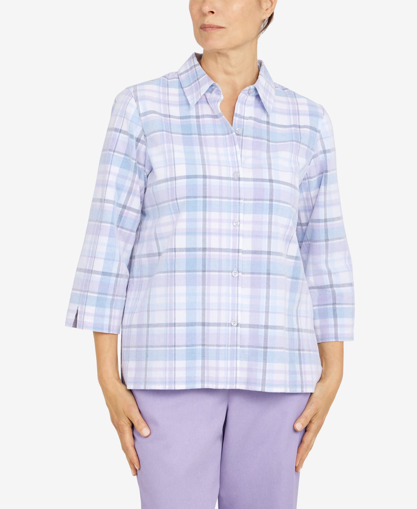 Alfred Dunner Women's Womens Plaid Corduroy 3/4 Sleeve Shirt