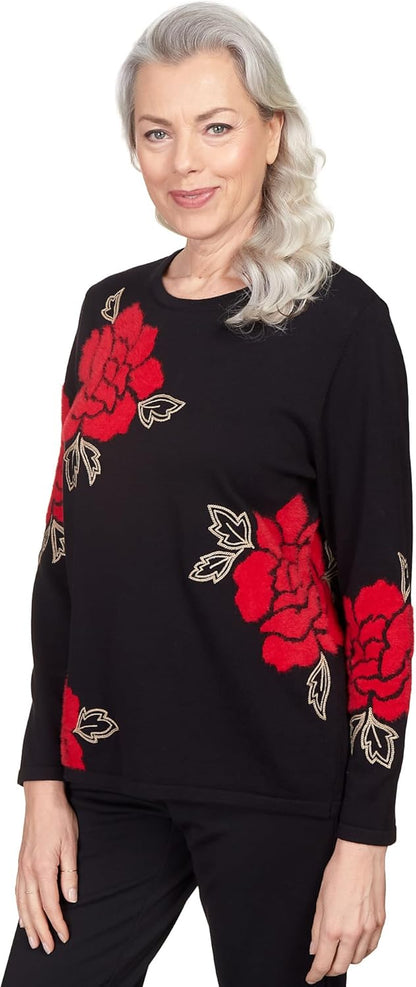 Alfred Dunner Women's Floral Jacquard Long Sleeve Sweater Size S Black