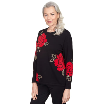 Alfred Dunner Park Place Black Knit Floral Sweater