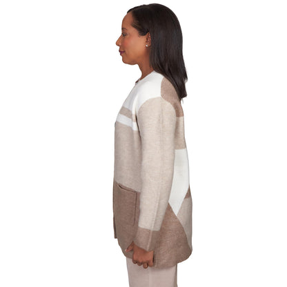 Alfred Dunner Women's Colorblock Open Front Cardigan Size M Fawn