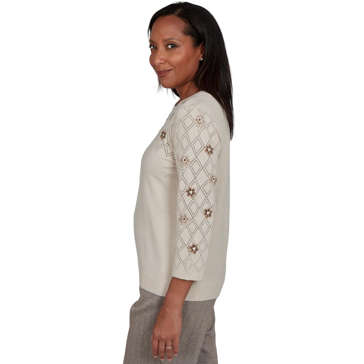 Alfred Dunner Petite Flower Embroidered Pointelle Sweater, Latte, PL