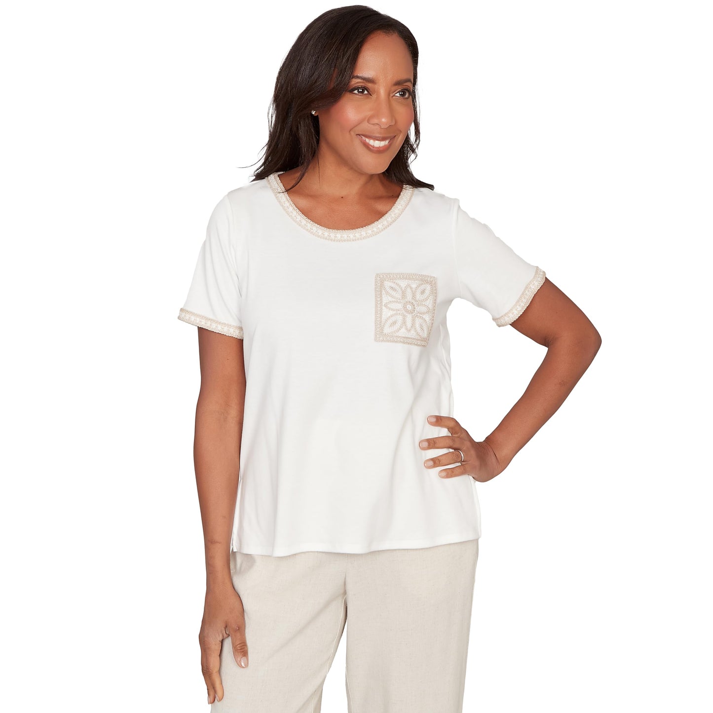 Alfred Dunner Women's Crochet Pocket Short Sleeve Tee