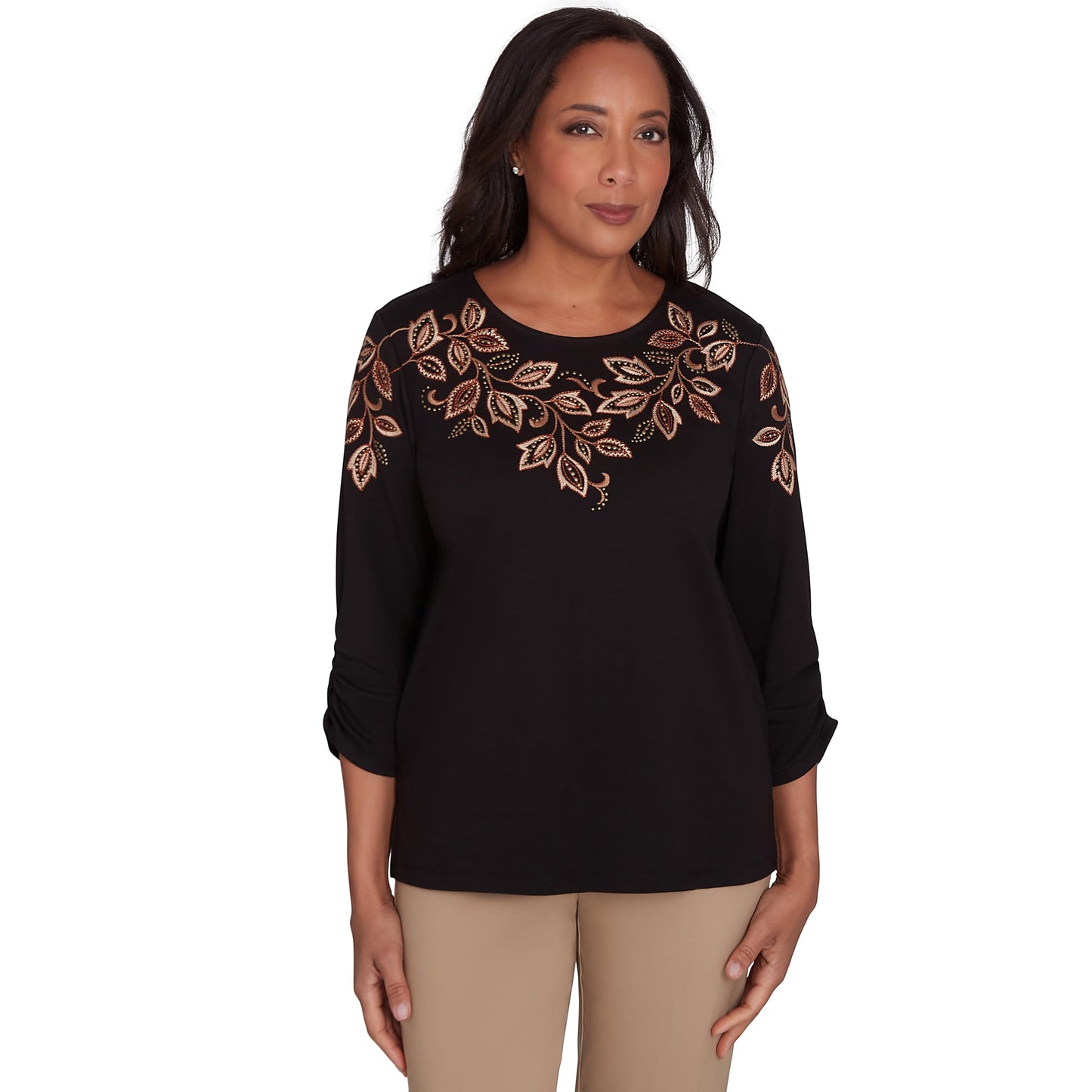 Alfred Dunner Rue Rivoli Embroidered Leaf Yolk Cotton/Poly Black Top