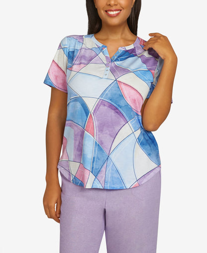 Alfred Dunner Women's Watercolor Patchwork Button Henley Top