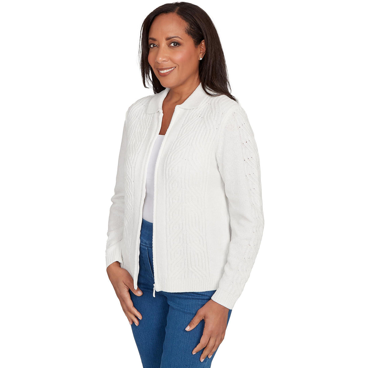 Alfred Dunner Chenille Zip Front Cardigan (US, Alpha, Small, Regular, Regular, Standard, Ivory)
