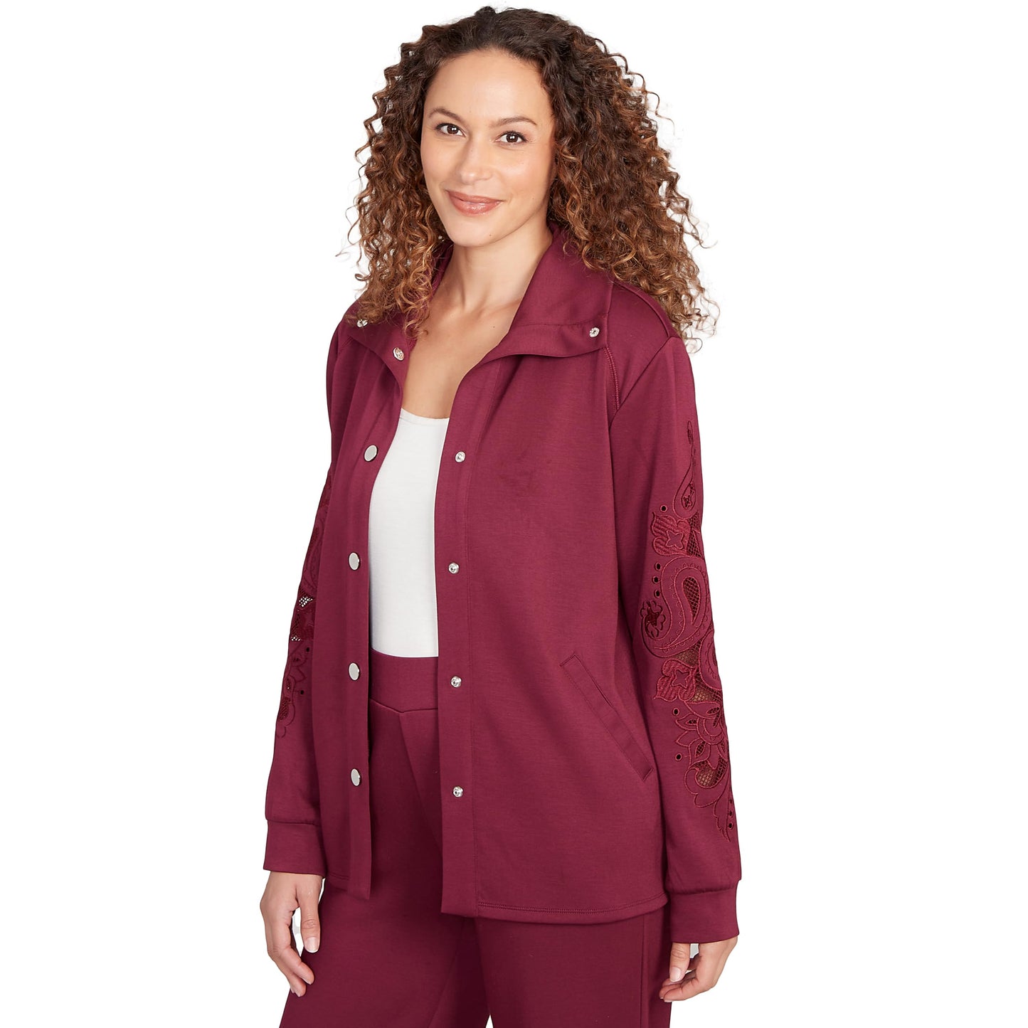 Ruby Rd. Solid Scuba With Embroidery on Sleeve (Standard, Raisin, Large)