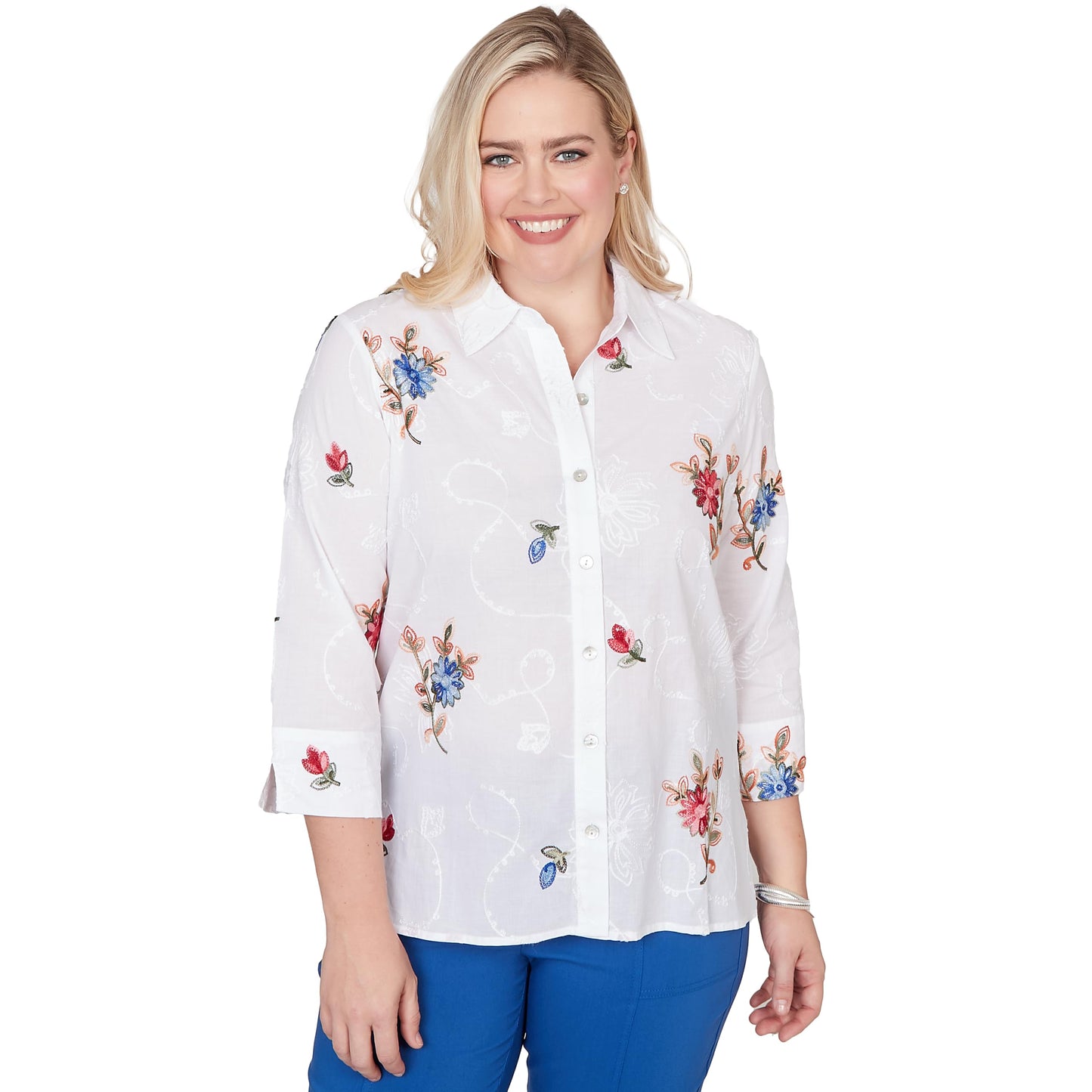 Alfred Dunner Women's Embroidered Flower Collared Button Front Top