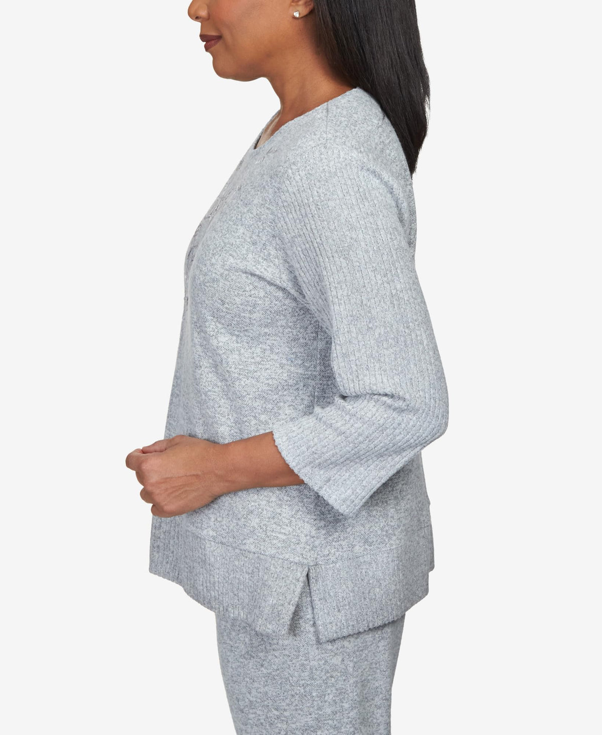 Alfred Dunner Comfort Zone Floral Embroidered Ribbed Sleeve with Slit Hem Knit Top