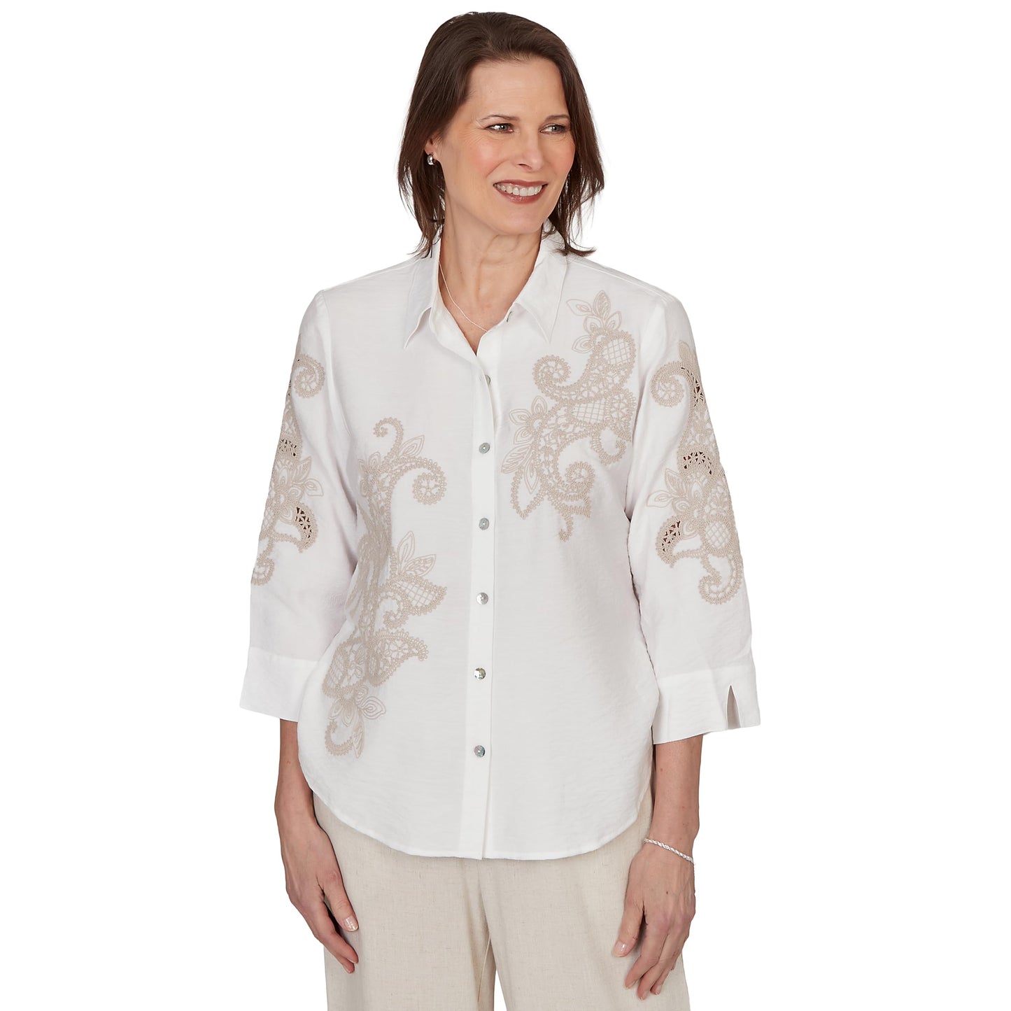 Alfred Dunner Women's Scroll Soutache Button Front Top