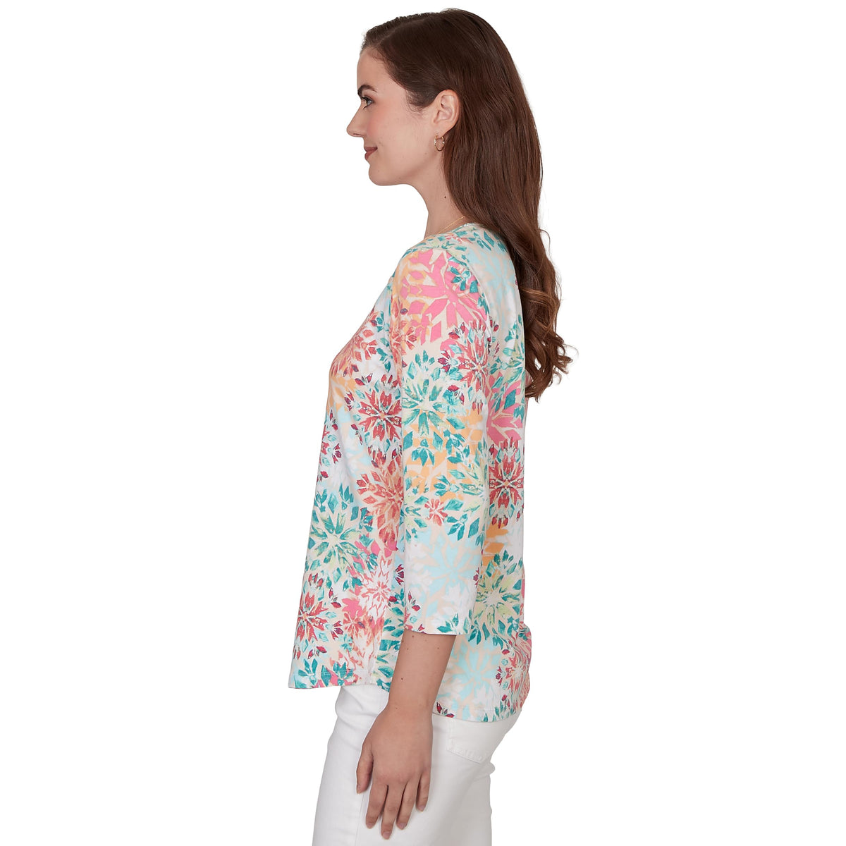 Ruby Rd. Women's Floral Medallion Envelope Neck Knit Top Size M Cotton Candy Multi