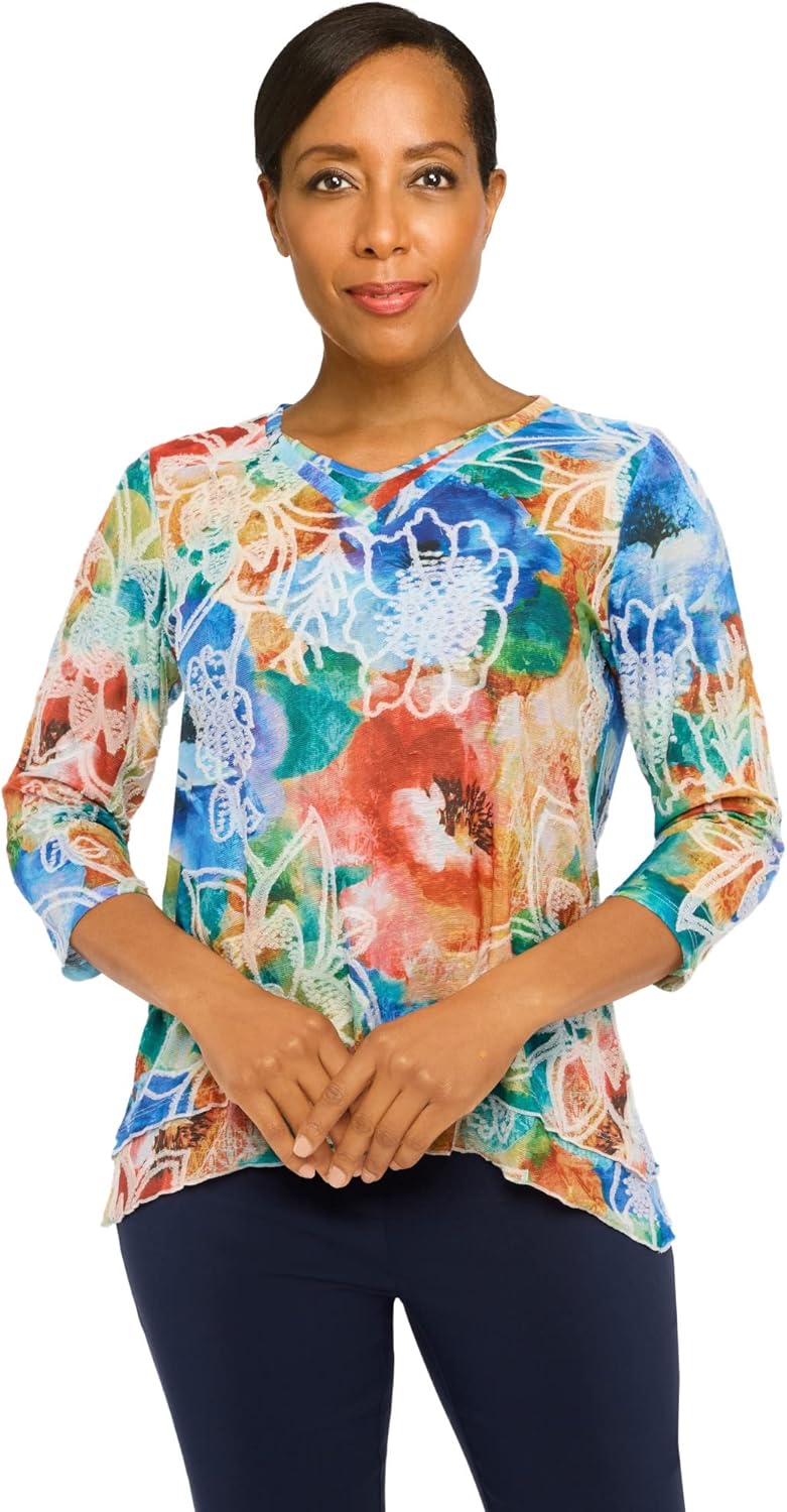 Alfred Dunner Women's Petite Moody Watercolor Floral V-Neck Top Size PXL Multi