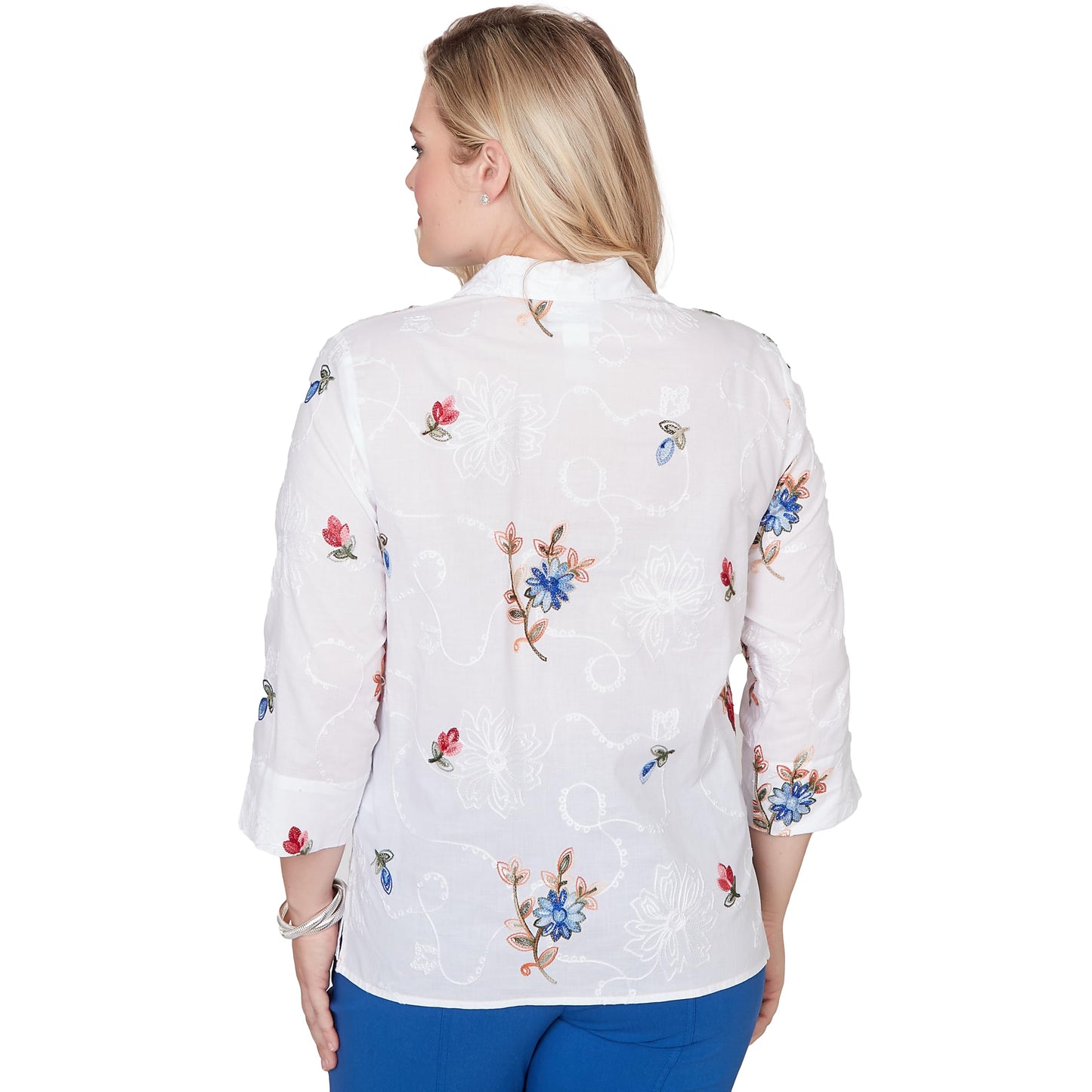 Alfred Dunner Women's Embroidered Flower Collared Button Front Top