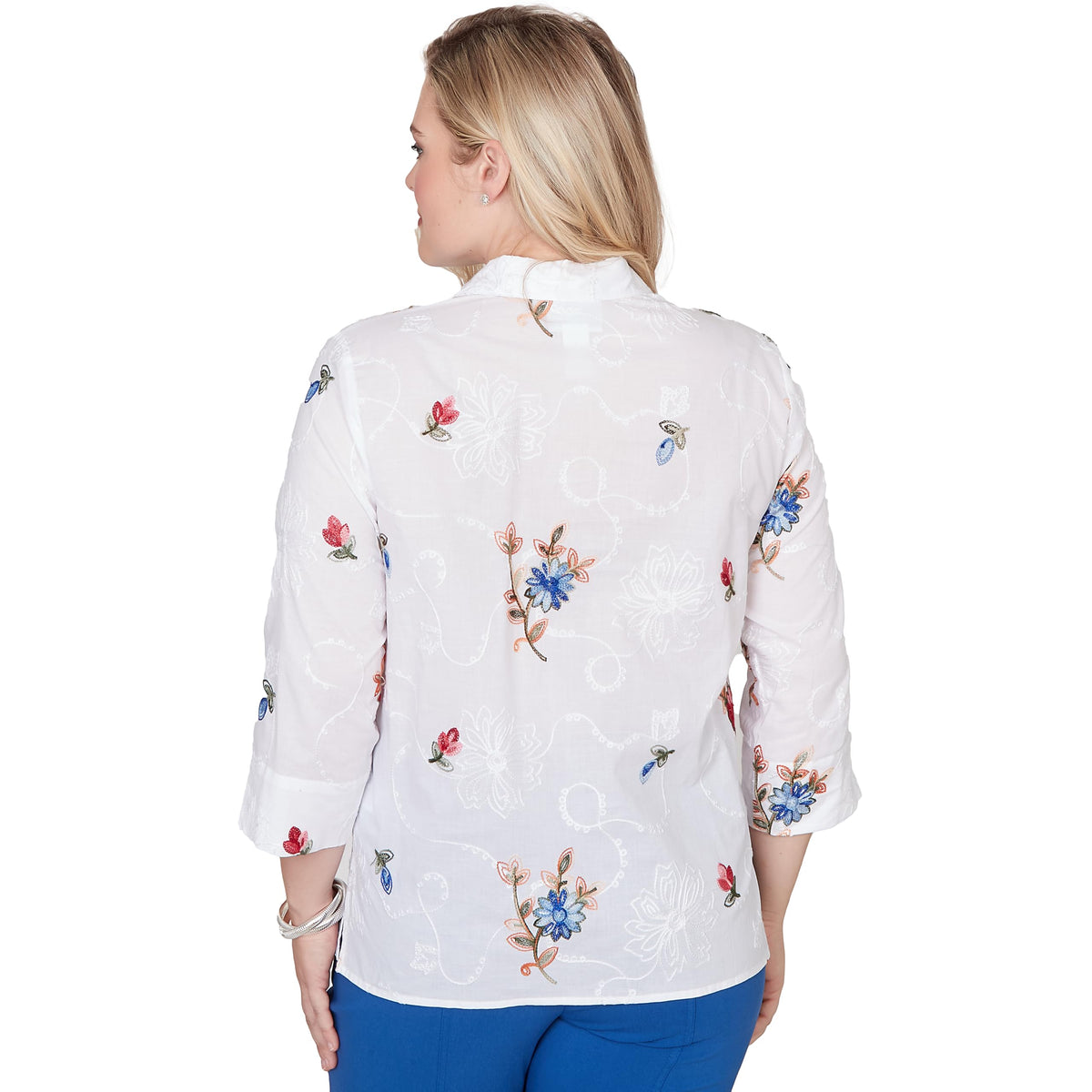 Alfred Dunner Women's Embroidered Flower Collared Button Front Top, Size S, White