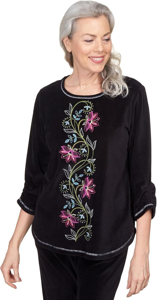 Alfred Dunner Women's Center Floral Embroidered Velour Shirttail Top Size S Black