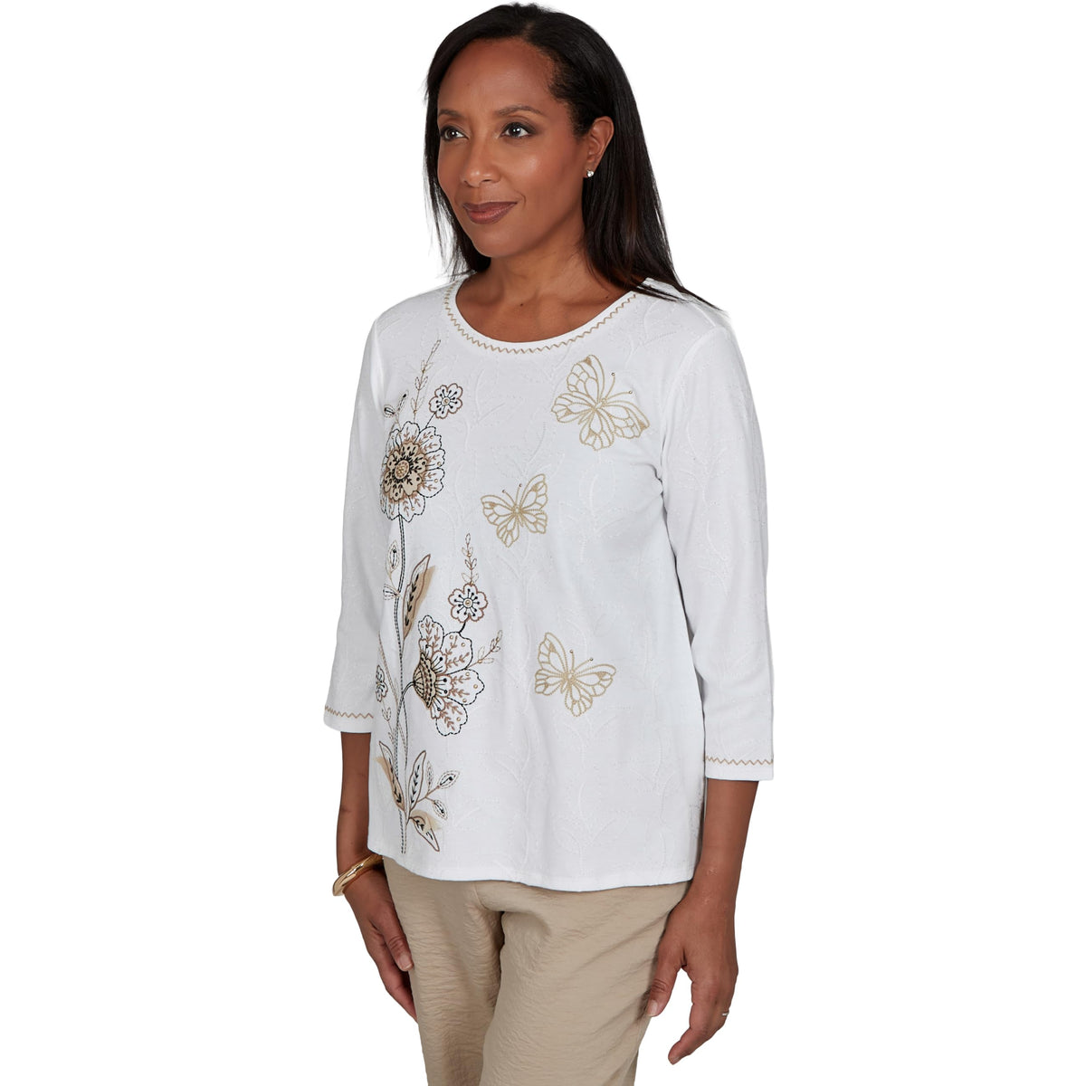 Alfred Dunner Women's Floral Butterfly Line Embroidered Top, Ivory, L