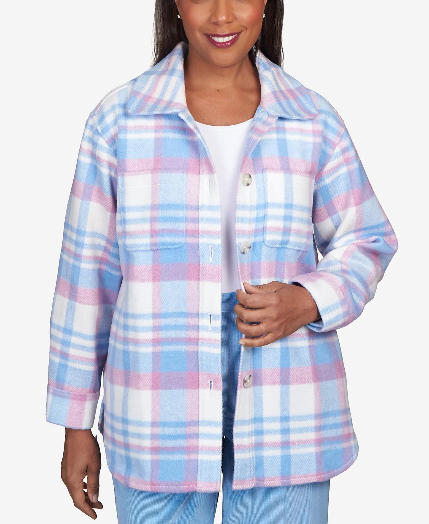 Alfred Dunner Pastel Plaid Collared Shirt Jacket