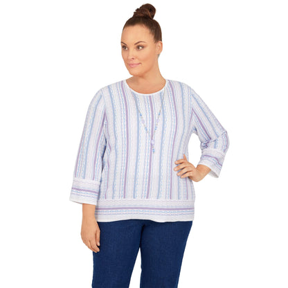 Alfred Dunner Women's Plus-Size Womens Crewneck Three-Quarter Bell Sleeve Stripe Sweater with Removable Necklace