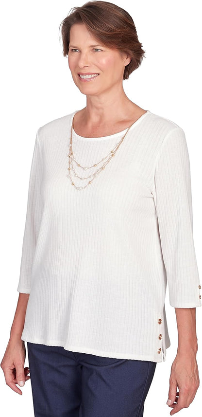 Alfred Dunner Solid Knit Flutter Sleeve Top with Necklace Polyester