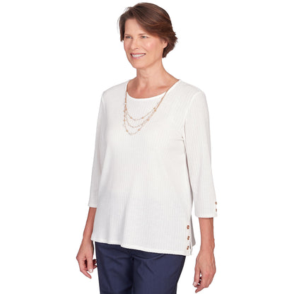 Alfred Dunner Solid Knit Flutter Sleeve Top with Necklace Polyester