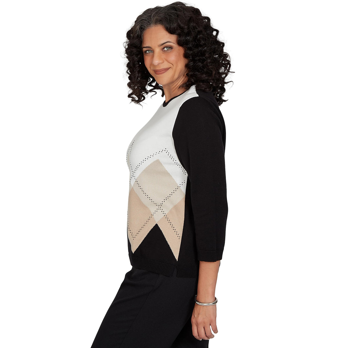 Alfred Dunner Women's Argyle Beaded Sweater, Black, M
