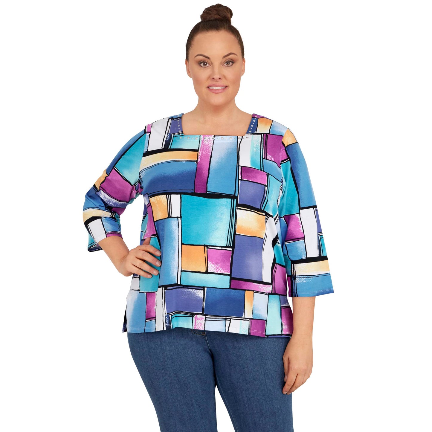 Alfred Dunner Women's Plus-Size Colorblock Square Neck Top