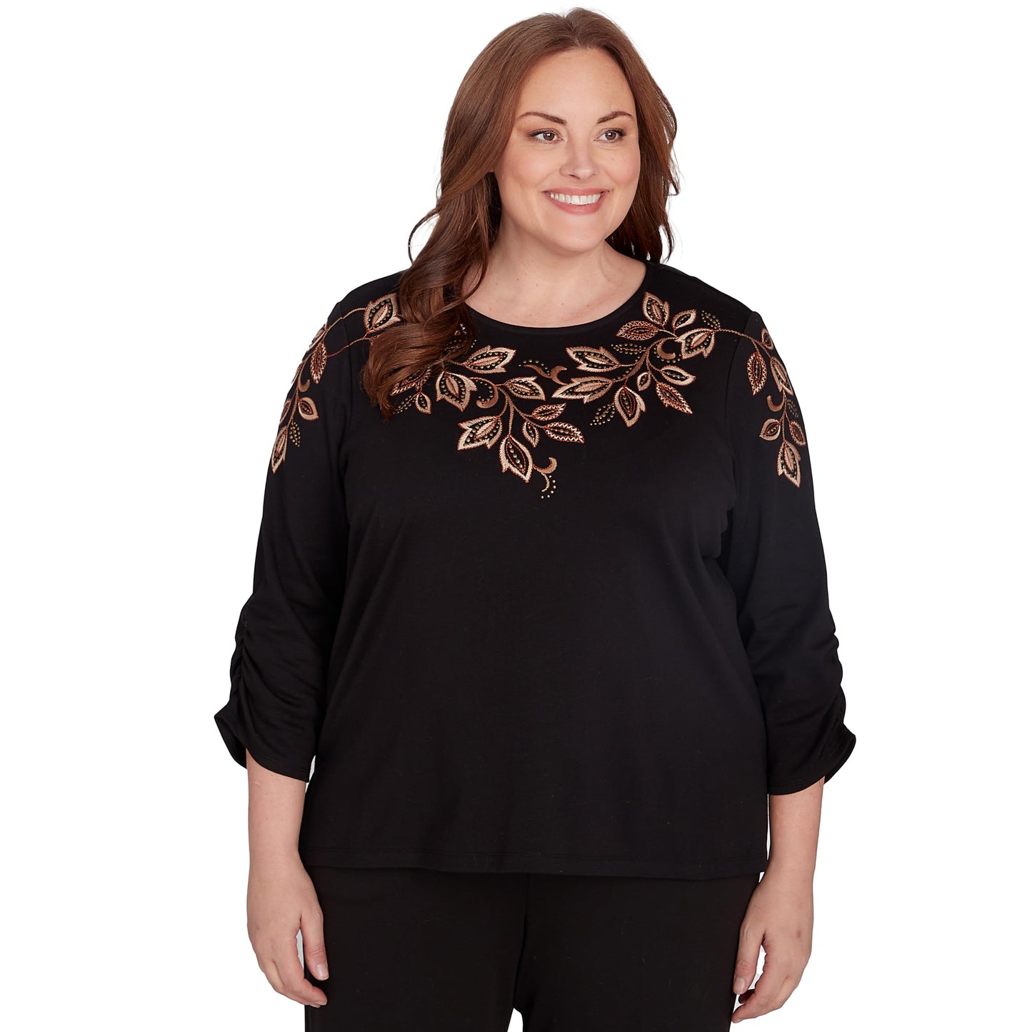 Alfred Dunner Rue Rivoli Embroidered Leaf Yolk Cotton/Poly Black Top