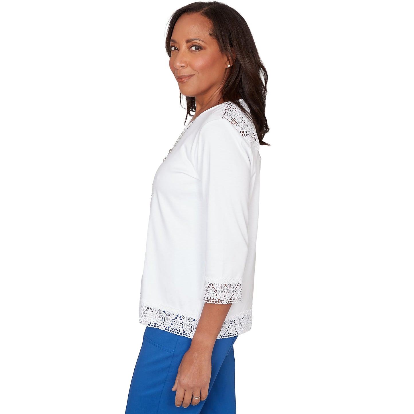 Alfred Dunner Women's Embellished Lace Trim Top with Necklace