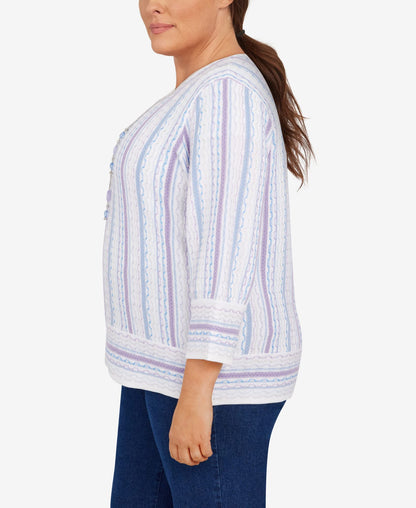 Alfred Dunner Women's Plus-Size Womens Crewneck Three-Quarter Bell Sleeve Stripe Sweater with Removable Necklace