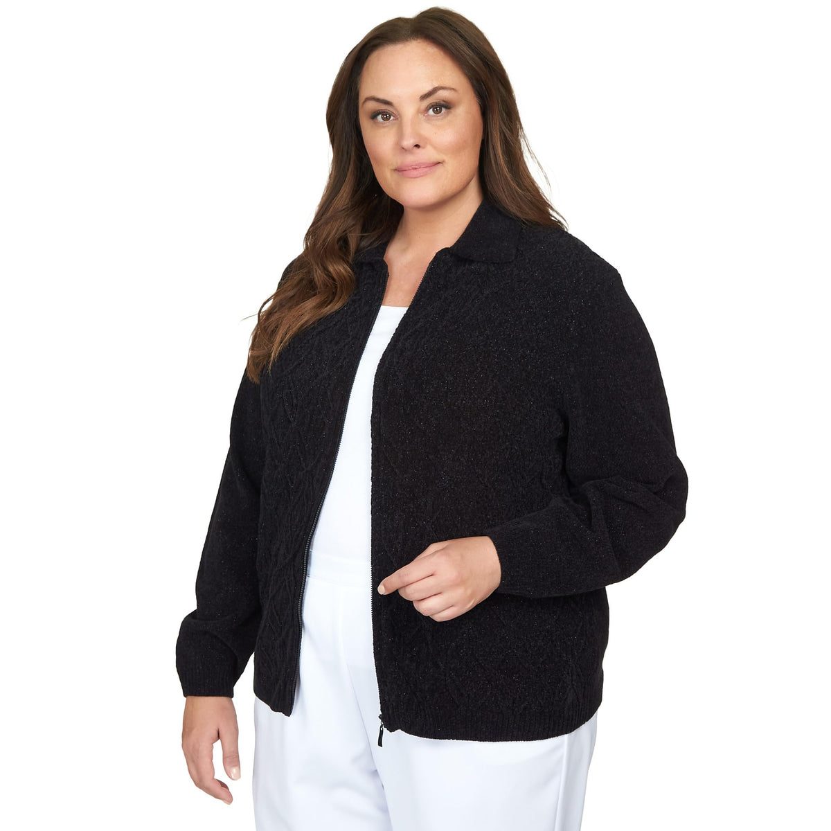 Alfred Dunner Classic Chenille W/Lurix Zippered Cardigan (US, Alpha, 3X, Plus, Regular, Plus Size, Black)