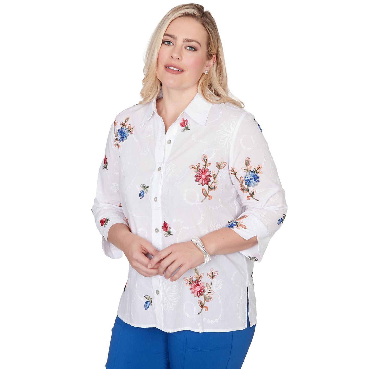 Alfred Dunner Women's Embroidered Flower Collared Button Front Top