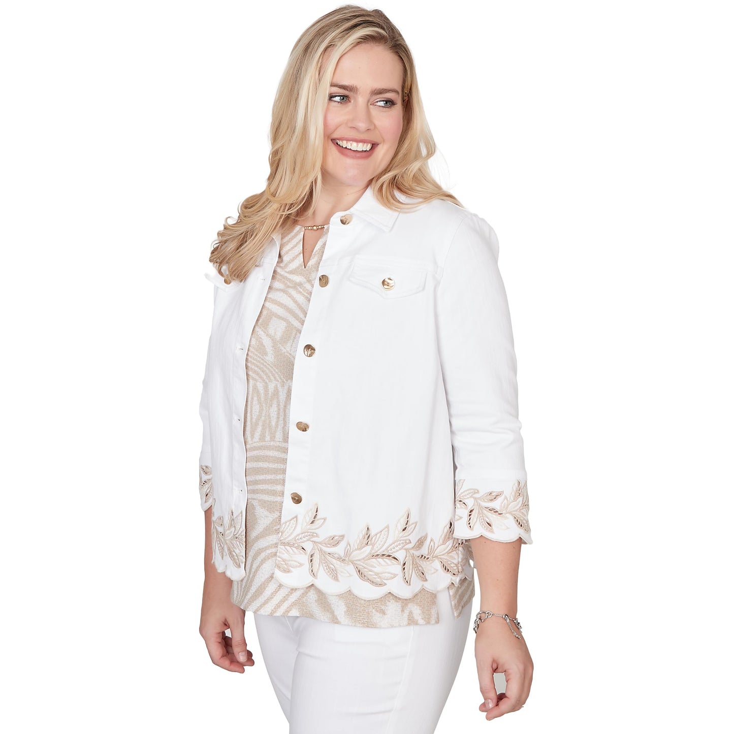 Alfred Dunner Women's Leaf Cutout Embroidered Shirt Jacket