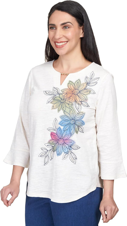 Alfred Dunner Women's Asymmetric Flower Embroidery Shirttail Top Size L Oatmeal