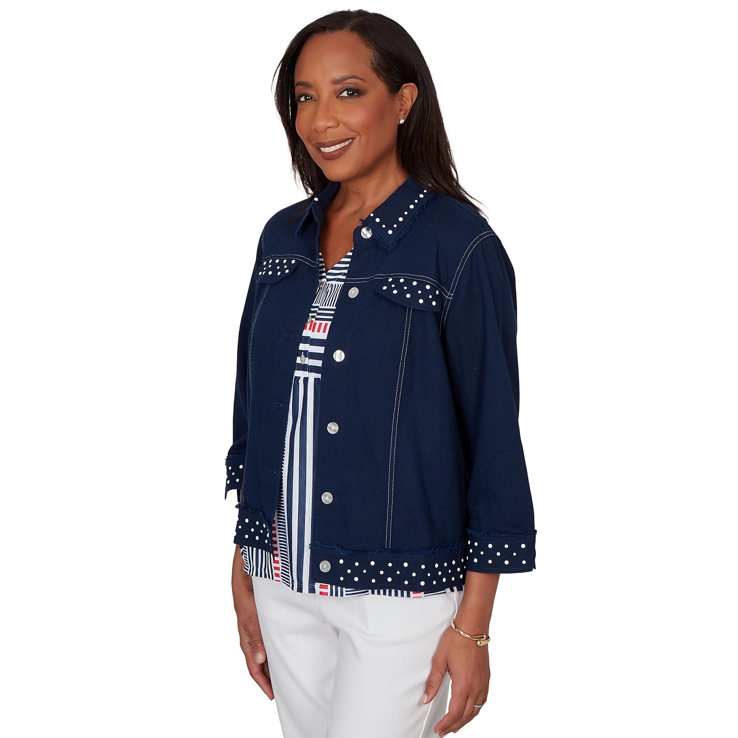 Alfred Dunner Women's Pearl Trim Denim Jacket