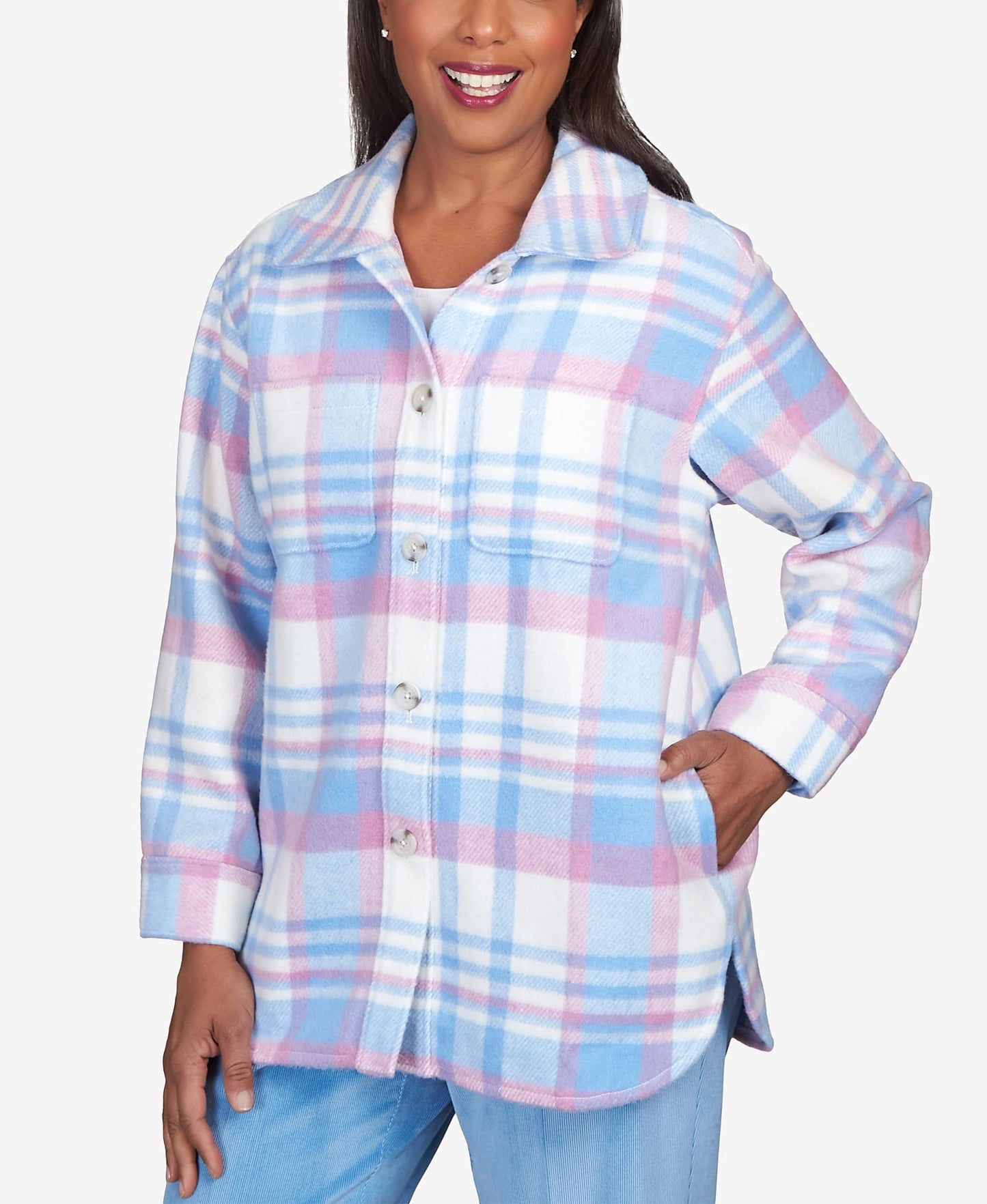 Alfred Dunner Pastel Plaid Collared Shirt Jacket