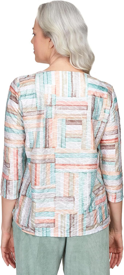 Alfred Dunner Women's Texture Stripe Patchwork Side Grommet Top Size XL Multi