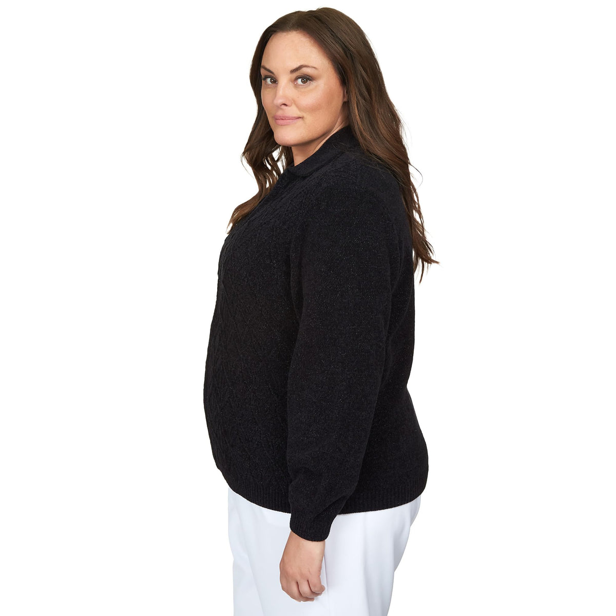 Alfred Dunner Classic Chenille W/Lurix Zippered Cardigan (US, Alpha, 3X, Plus, Regular, Plus Size, Black)