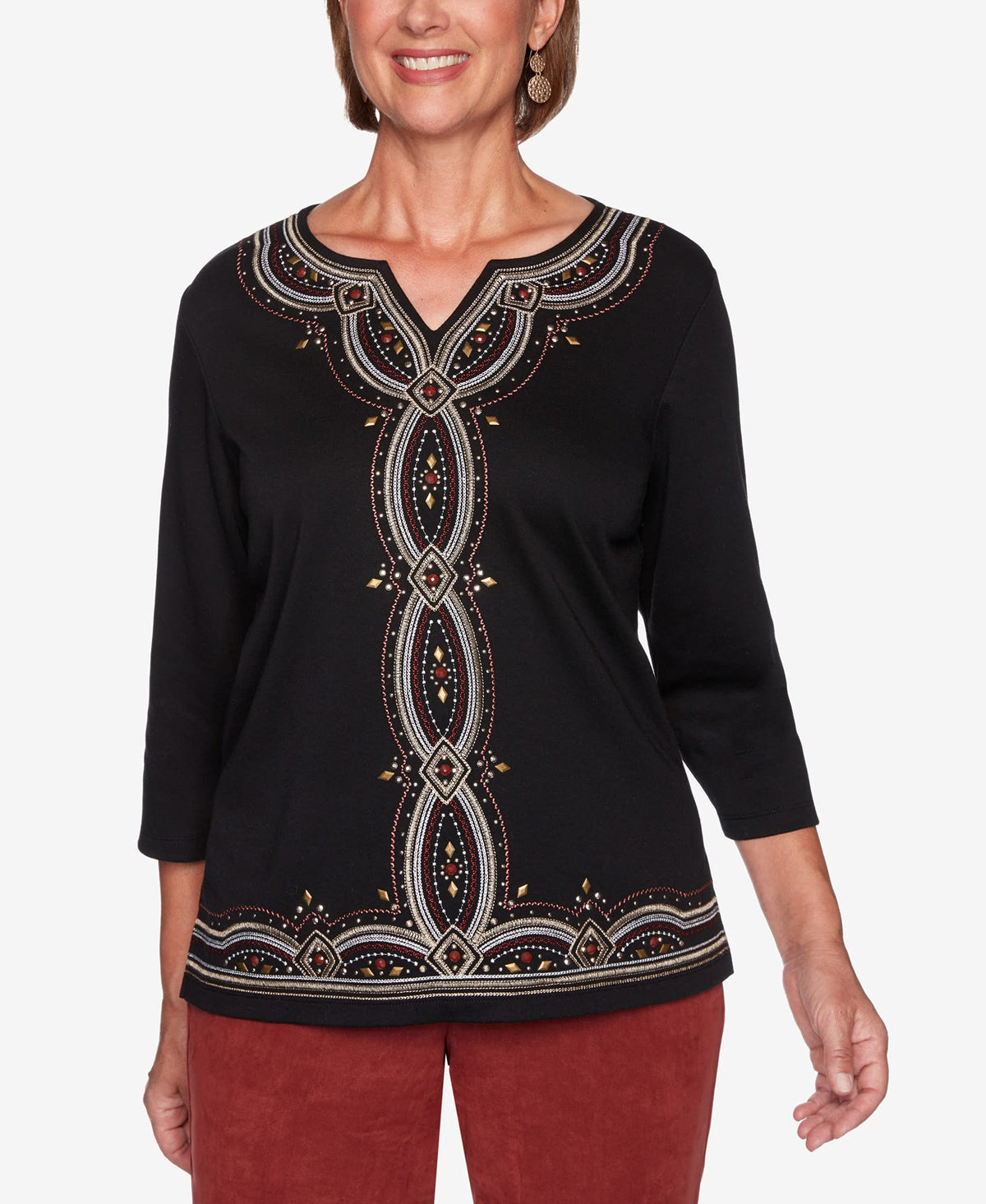 Alfred Dunner Women's Petite Casual Fashion Embroidered Solid Knit Top