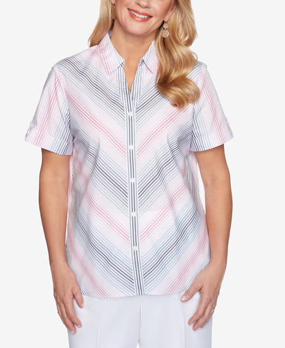 Alfred Dunner Women's Ombre Stripe Print Lightweight Short Sleeve Button Down Collar Shirt Size M Petal Grey